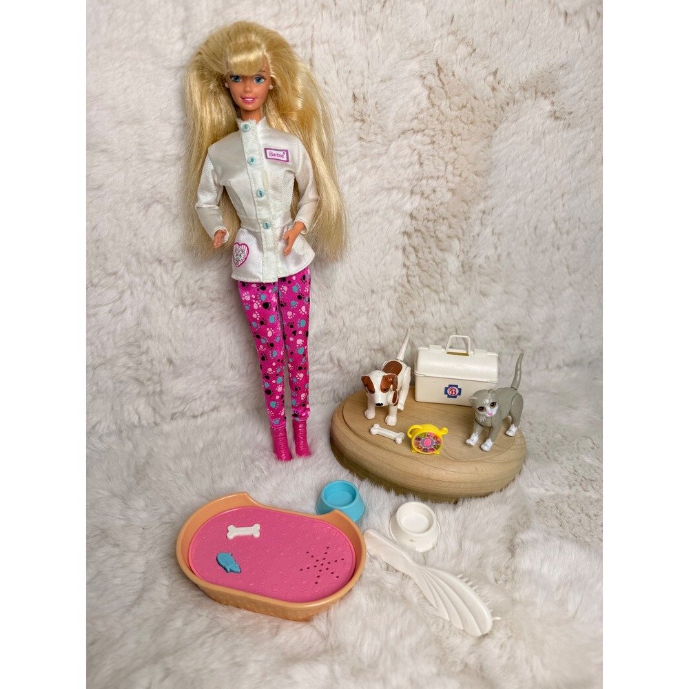 Vintage 1990s Barbie Pet Doctor Doll Playset with Dog Cat and Accessories Works
